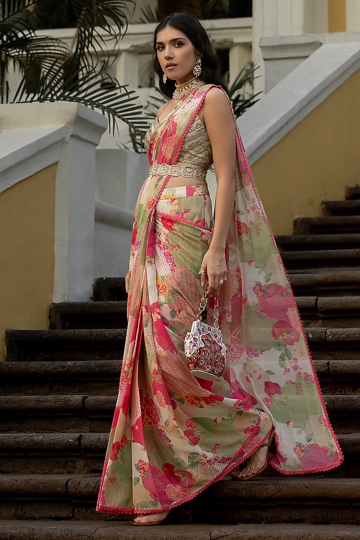 Multi-Colored Georgette Nakshi Printed Pre-Draped Party Wear Saree Set by Paulmi & Harsh at Pernia's Pop Up Shop