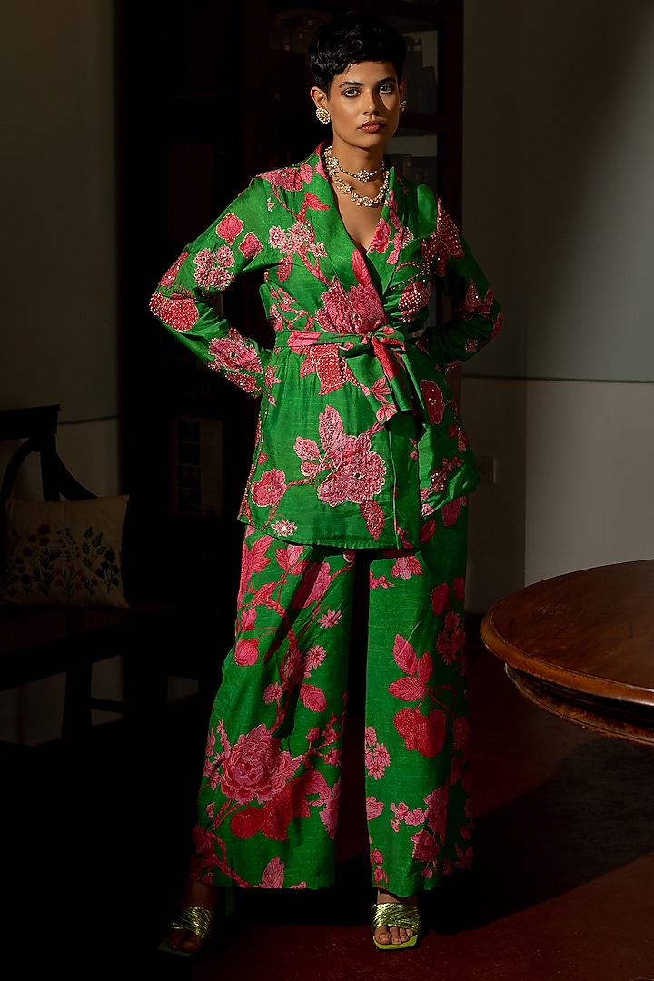 Green Cotton Silk Printed Blazer Set by Paulmi & Harsh