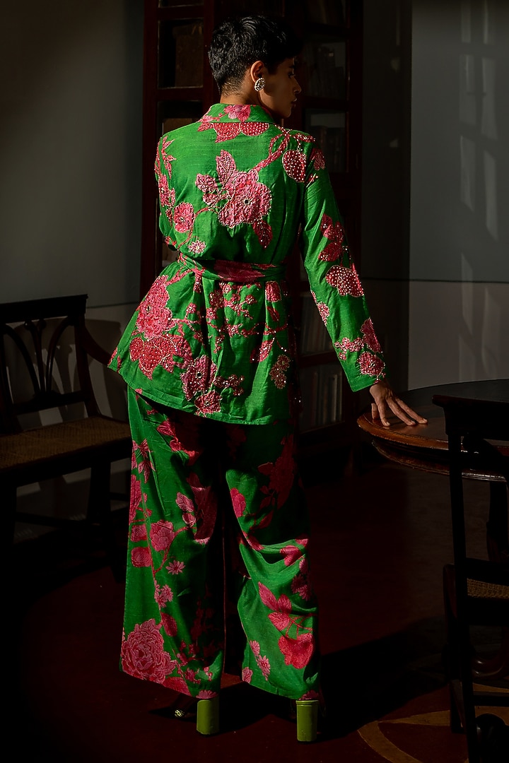 Green Cotton Silk Printed Blazer Set by Paulmi & Harsh at Pernia's Pop Up Shop