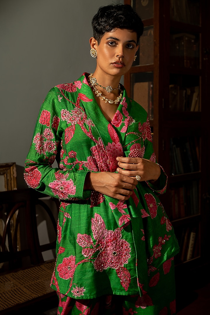 Green Cotton Silk Printed Blazer Set by Paulmi & Harsh at Pernia's Pop Up Shop