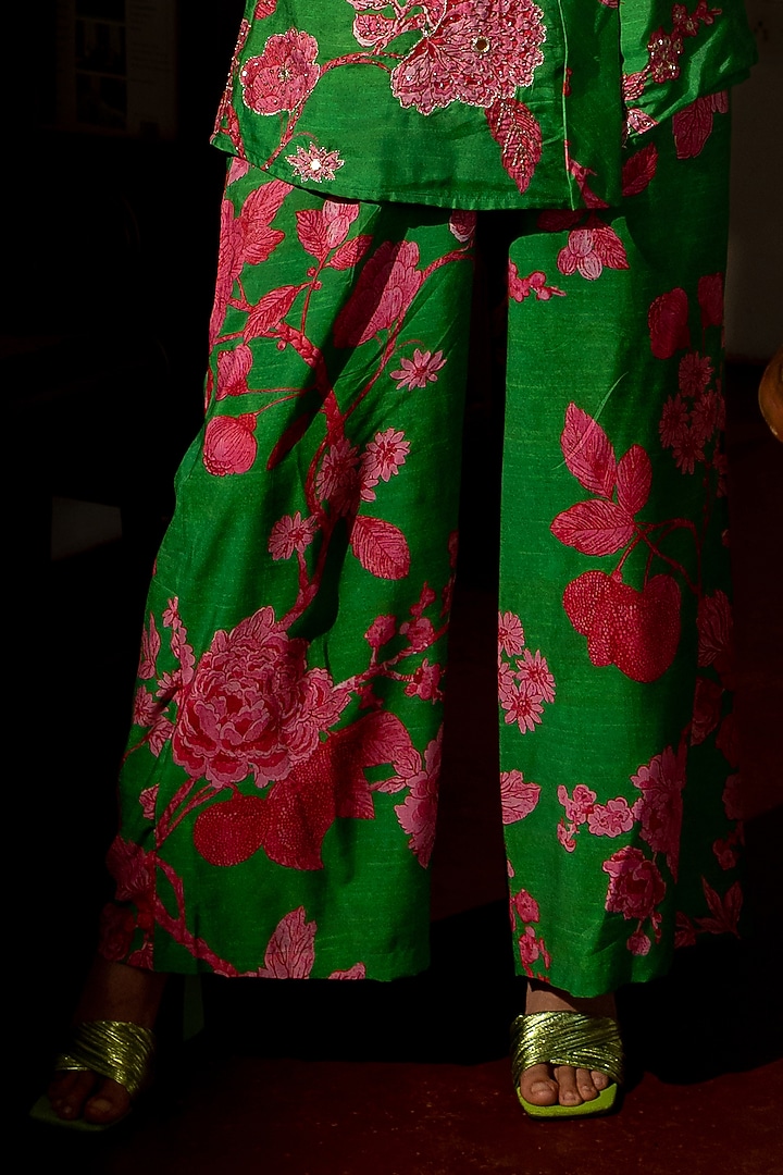 Green Cotton Silk Printed Blazer Set by Paulmi & Harsh at Pernia's Pop Up Shop