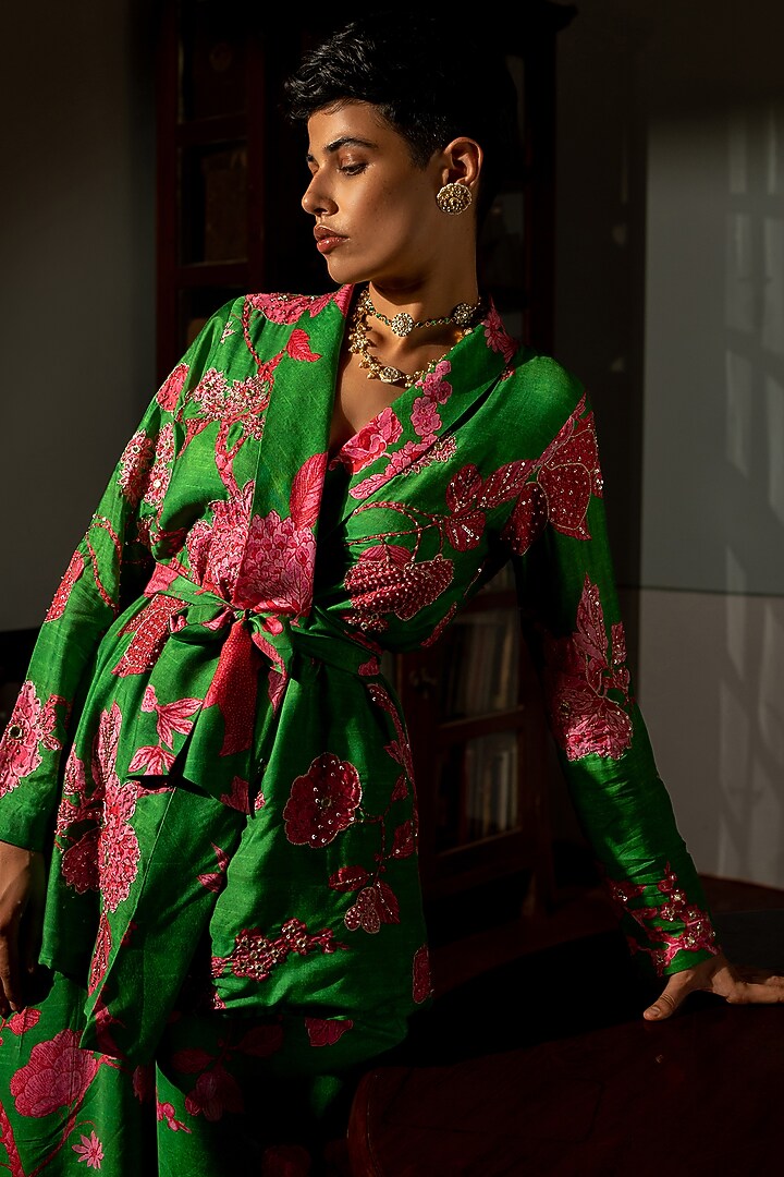 Green Cotton Silk Printed Blazer Set by Paulmi & Harsh at Pernia's Pop Up Shop