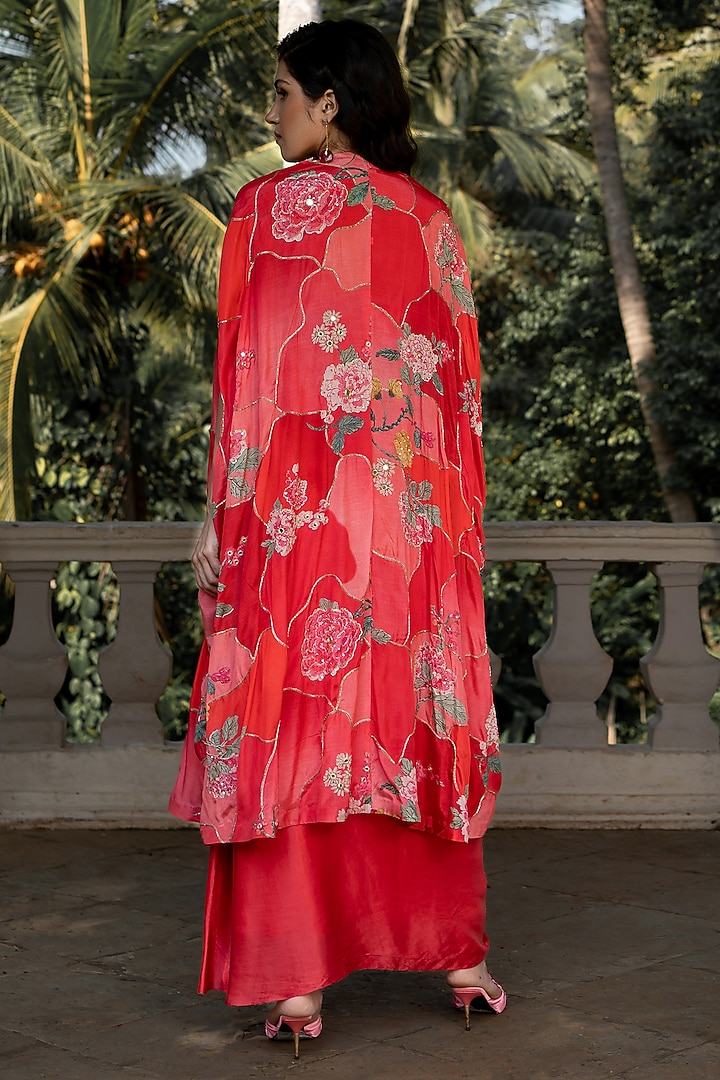 Red Crepe Embroidered & Printed Jacket Set by Paulmi & Harsh at Pernia's Pop Up Shop