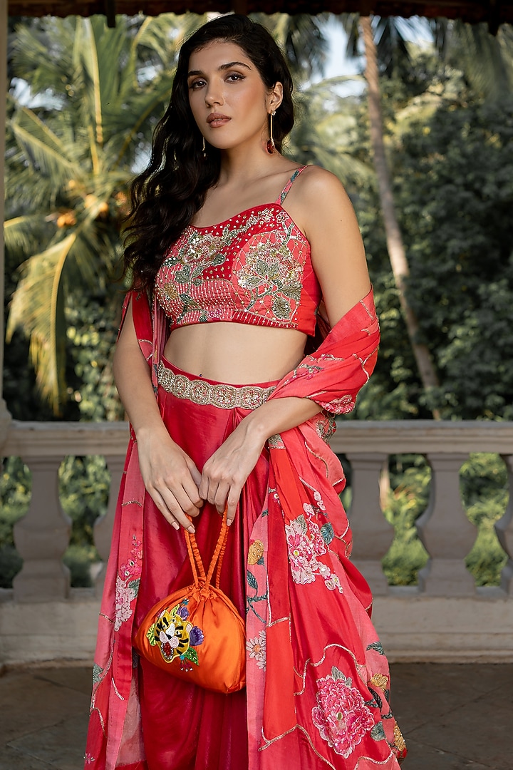 Red Crepe Embroidered & Printed Jacket Set by Paulmi & Harsh at Pernia's Pop Up Shop
