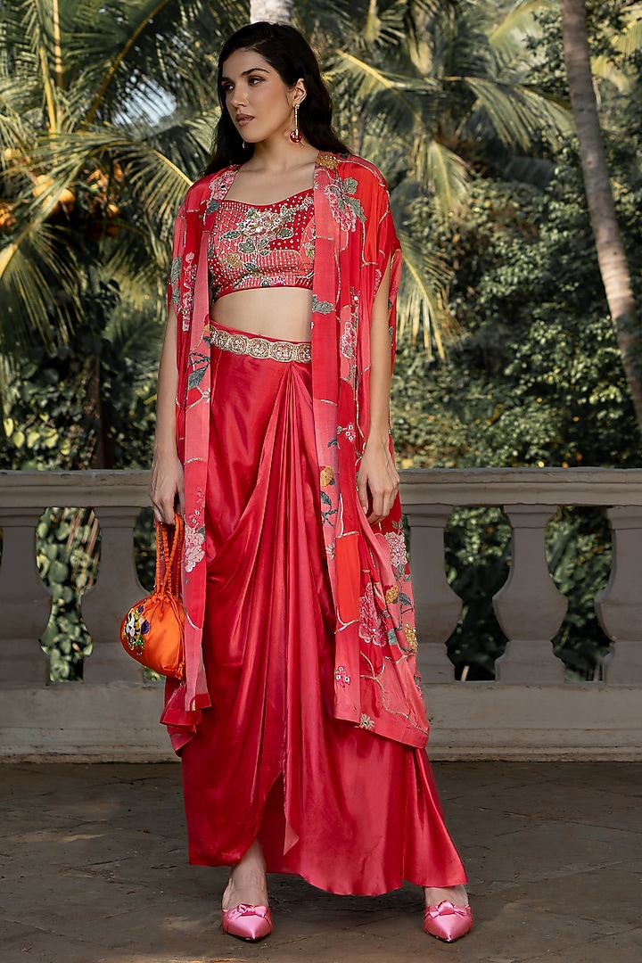 Red Crepe Embroidered & Printed Jacket Set by Paulmi & Harsh at Pernia's Pop Up Shop