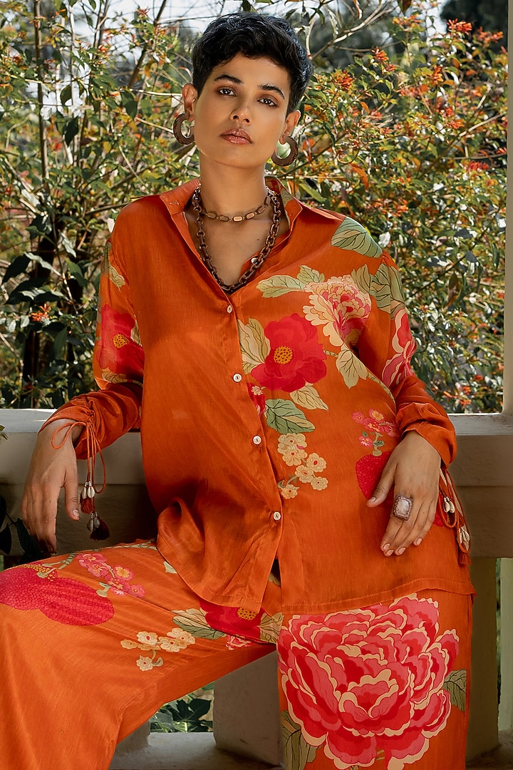 Orange Pure Crepe Printed Co-ord Set by Paulmi & Harsh at Pernia's Pop Up Shop