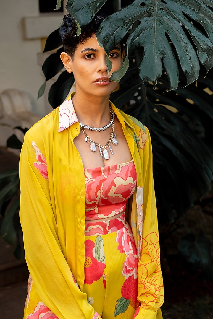 Yellow Crepe Floral Printed Co-Ord Set by Paulmi & Harsh at Pernia's Pop Up Shop