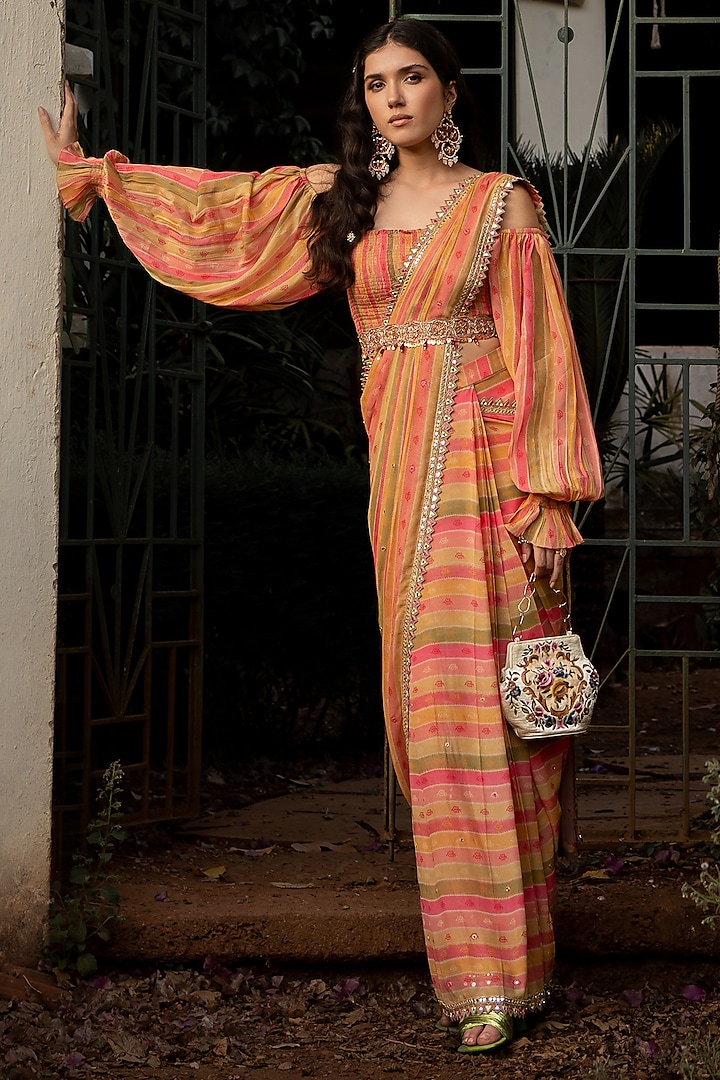 Multi-Colored Georgette Stripe Printed Pre-Draped Wedding Saree Set by Paulmi & Harsh at Pernia's Pop Up Shop