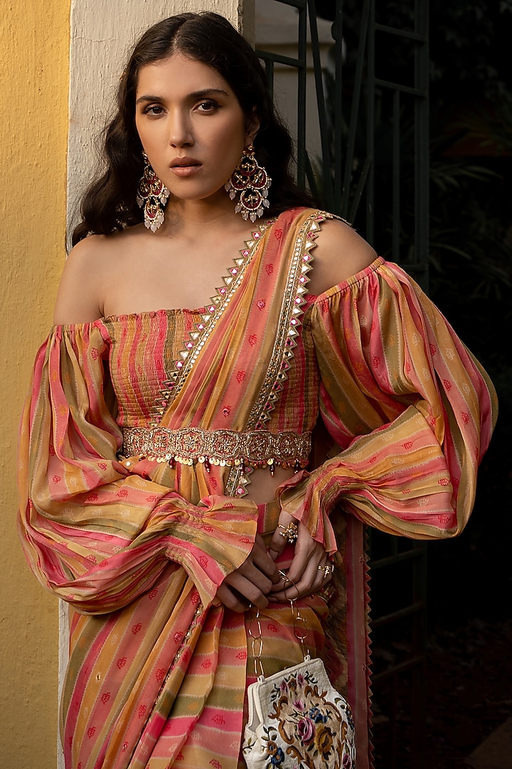 Multi-Colored Georgette Stripe Printed Pre-Draped Wedding Saree Set by Paulmi & Harsh at Pernia's Pop Up Shop