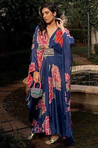 Blue Crepe Printed & Embroidered Kaftan by Paulmi & Harsh