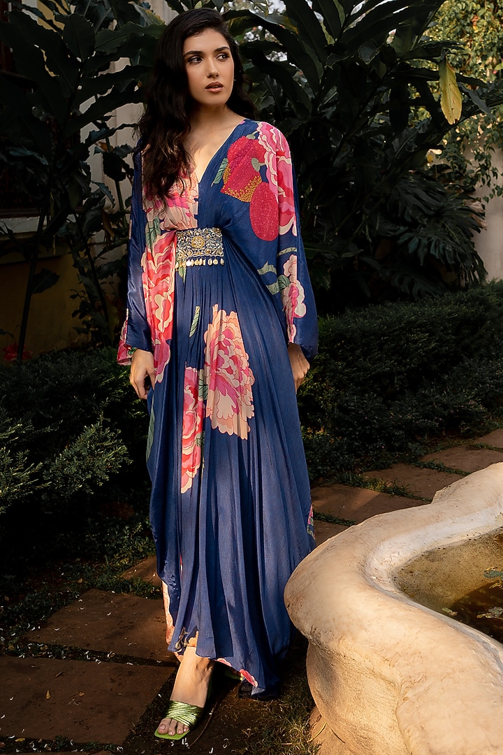 Blue Crepe Printed & Embroidered Kaftan by Paulmi & Harsh at Pernia's Pop Up Shop