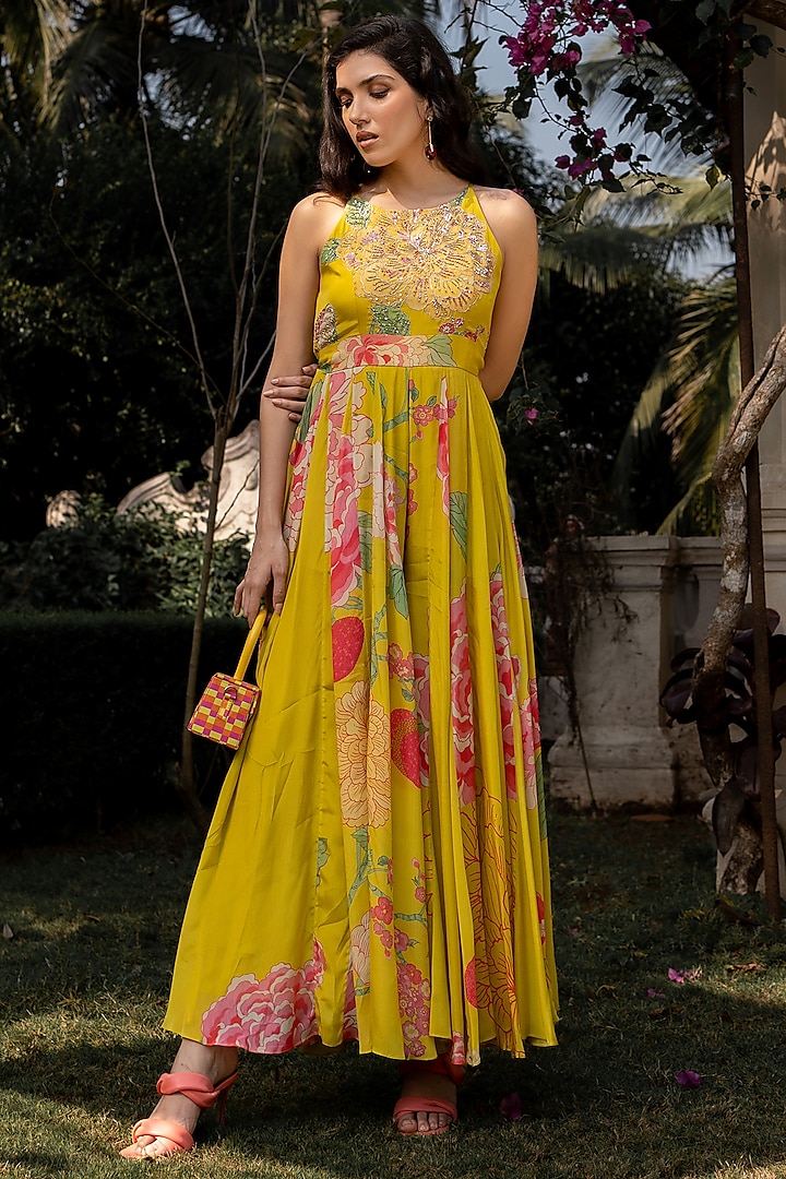 Yellow Crepe Printed & Embroidered Jumpsuit by Paulmi & Harsh