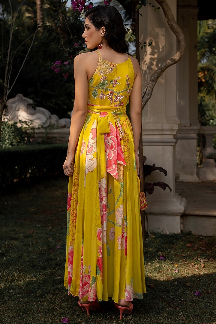 Yellow Crepe Printed & Embroidered Jumpsuit by Paulmi & Harsh at Pernia's Pop Up Shop