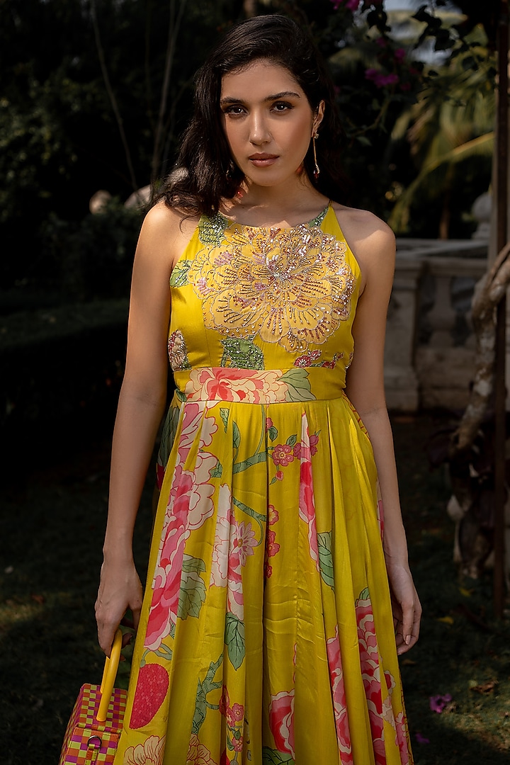 Yellow Crepe Printed & Embroidered Jumpsuit by Paulmi & Harsh at Pernia's Pop Up Shop