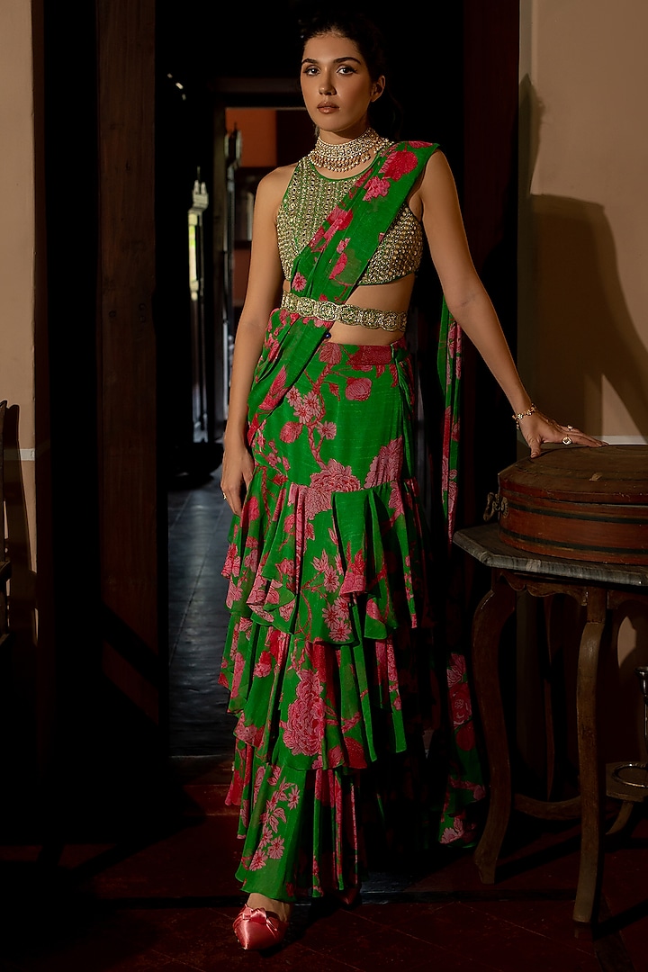 Green Georgette Floral Printed Layered Pre-Stitched Saree Set by Paulmi & Harsh