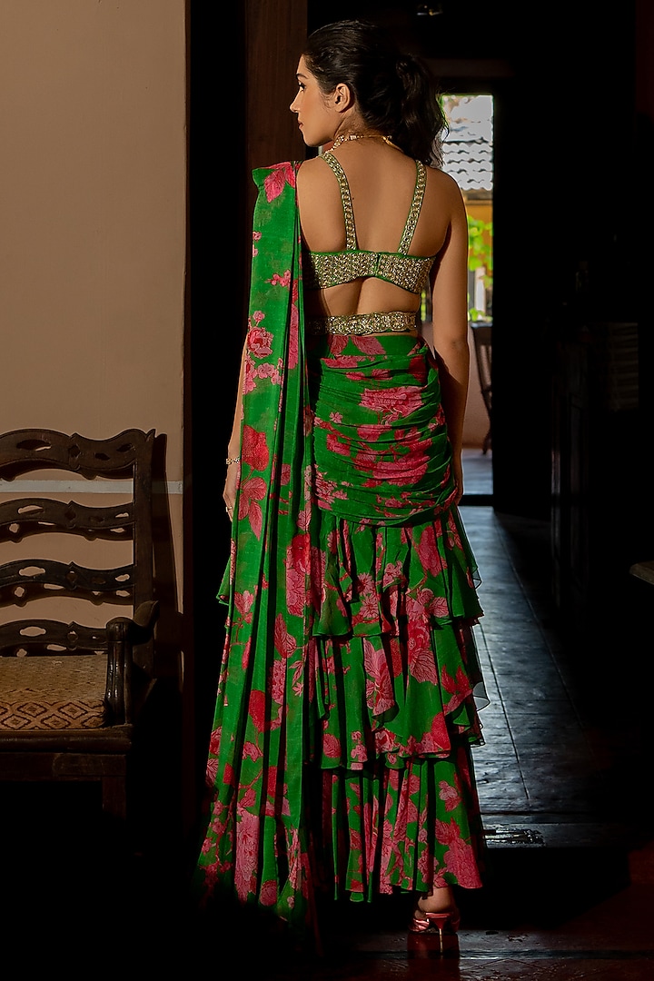 Green Georgette Floral Printed Layered Pre-Stitched Wedding Saree Set by Paulmi & Harsh at Pernia's Pop Up Shop