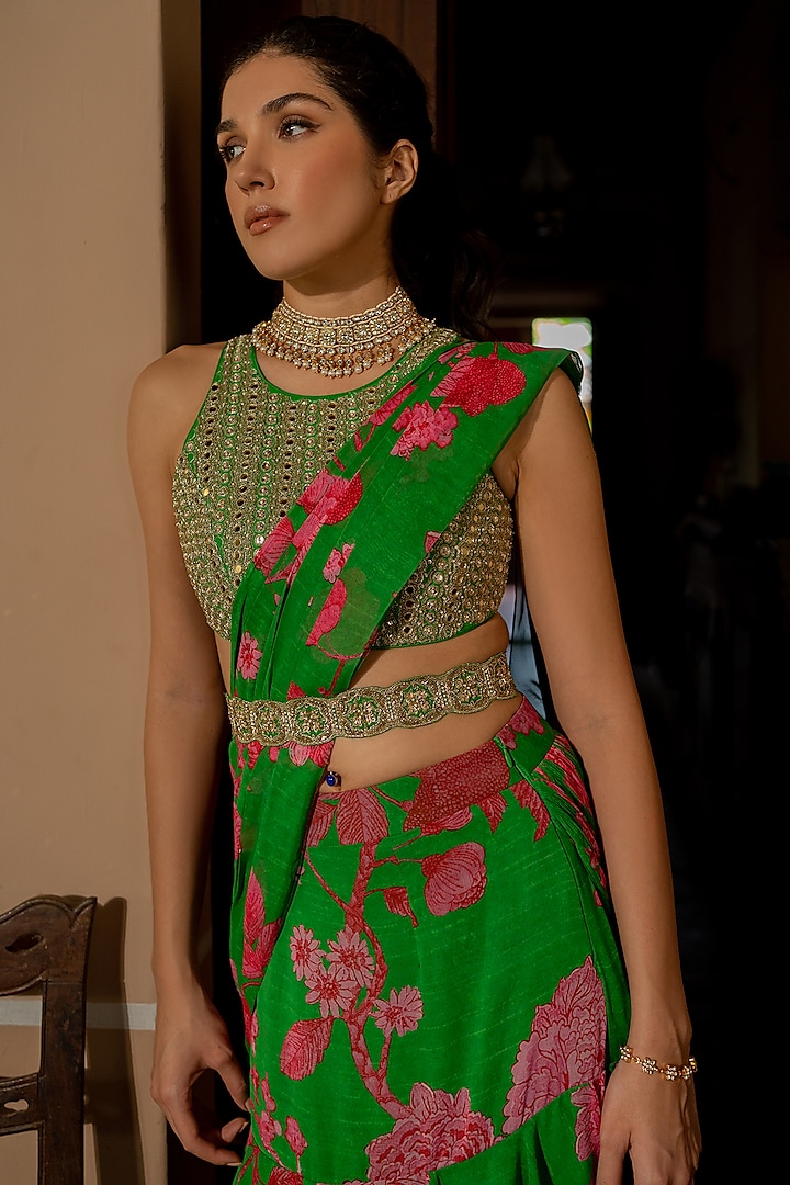 Green Georgette Floral Printed Layered Pre-Stitched Wedding Saree Set by Paulmi & Harsh at Pernia's Pop Up Shop