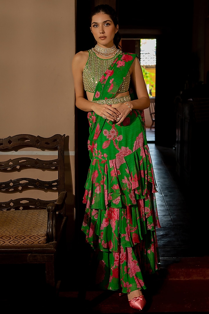 Green Georgette Floral Printed Layered Pre-Stitched Wedding Saree Set by Paulmi & Harsh at Pernia's Pop Up Shop