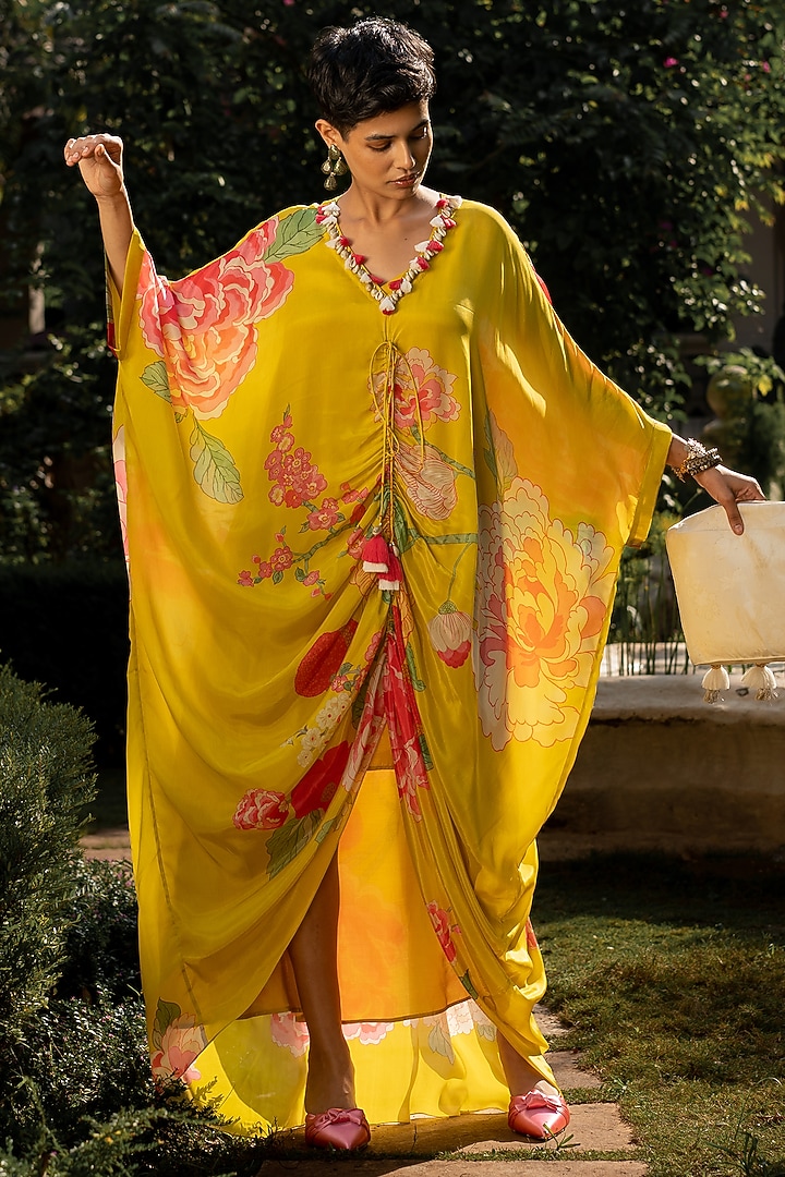 Yellow Crepe Printed & Embroidered Katan by Paulmi & Harsh at Pernia's Pop Up Shop