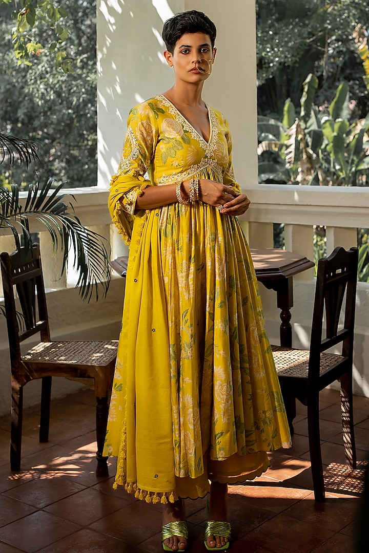Yellow Chiniya Silk Embroidered Anarkali Set by Paulmi & Harsh
