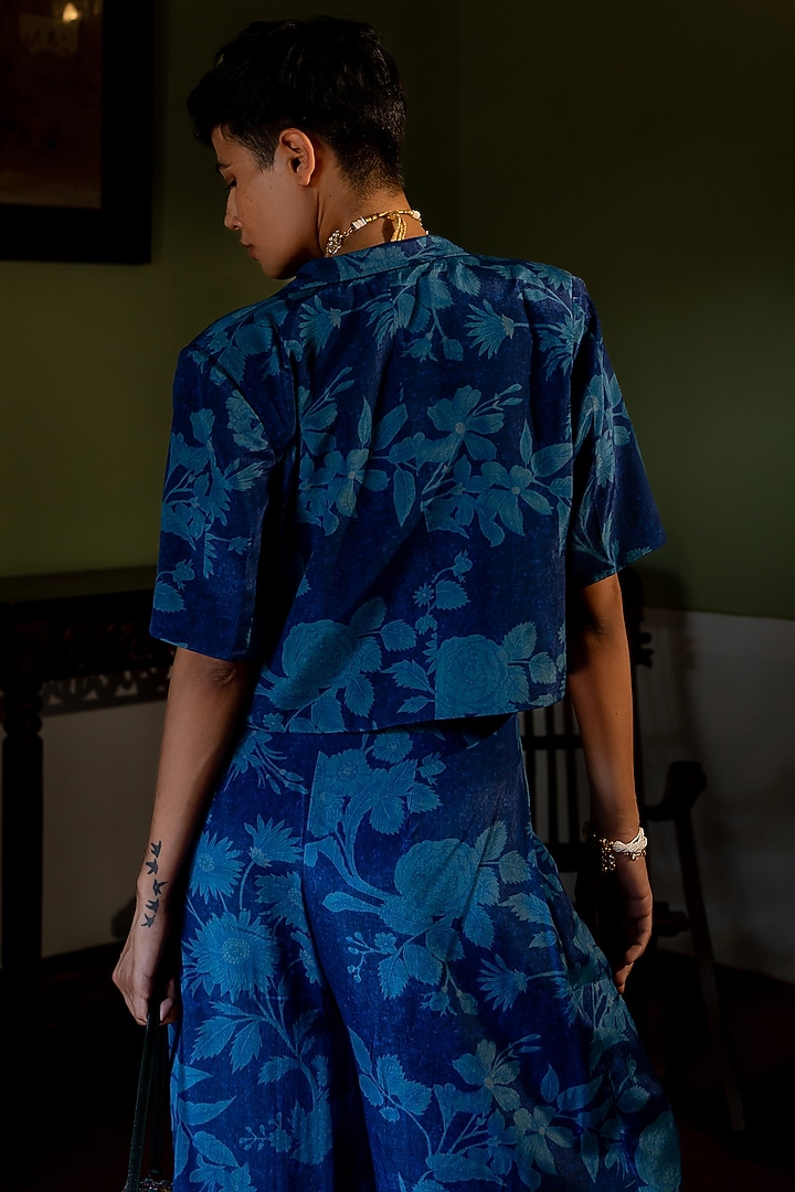Blue Crepe Printed & Embroidered Blazer Set by Paulmi & Harsh at Pernia's Pop Up Shop