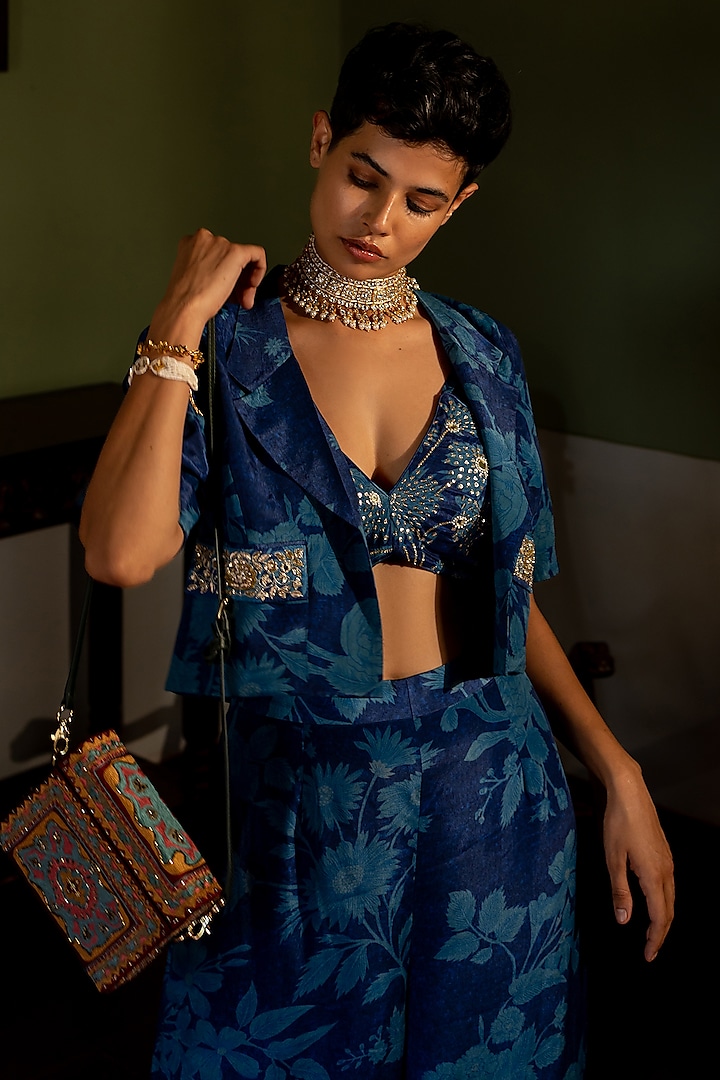 Blue Crepe Printed & Embroidered Blazer Set by Paulmi & Harsh at Pernia's Pop Up Shop