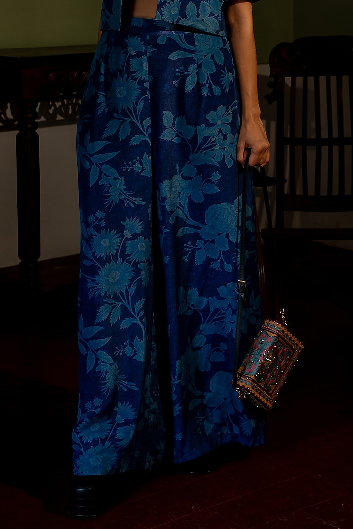 Blue Crepe Printed & Embroidered Blazer Set by Paulmi & Harsh at Pernia's Pop Up Shop