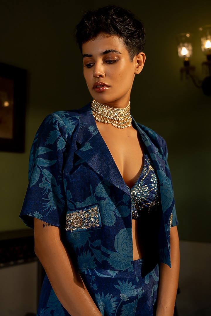 Blue Crepe Printed & Embroidered Blazer Set by Paulmi & Harsh at Pernia's Pop Up Shop