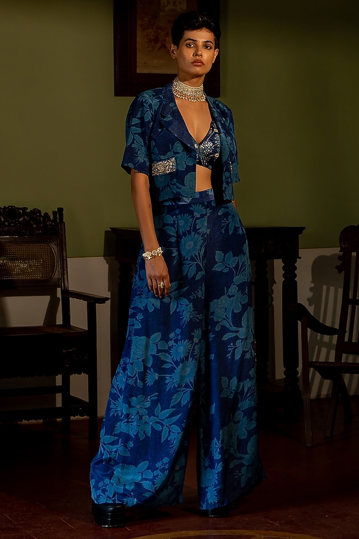 Blue Crepe Printed & Embroidered Blazer Set by Paulmi & Harsh at Pernia's Pop Up Shop