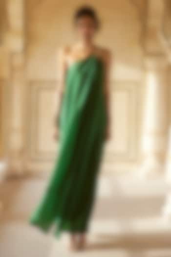 Emerald Green Habutai Silk One-Shoulder Maxi Dress by Paulmi & Harsh
