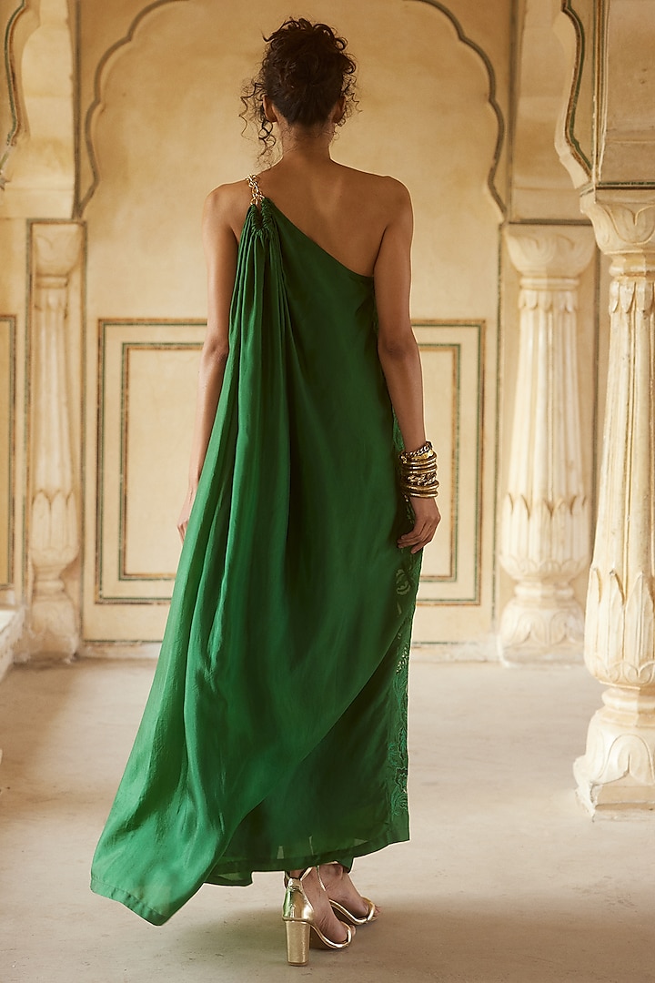 Emerald Green Habutai Silk One-Shoulder Maxi Vacation Dress by Paulmi & Harsh at Pernia's Pop Up Shop