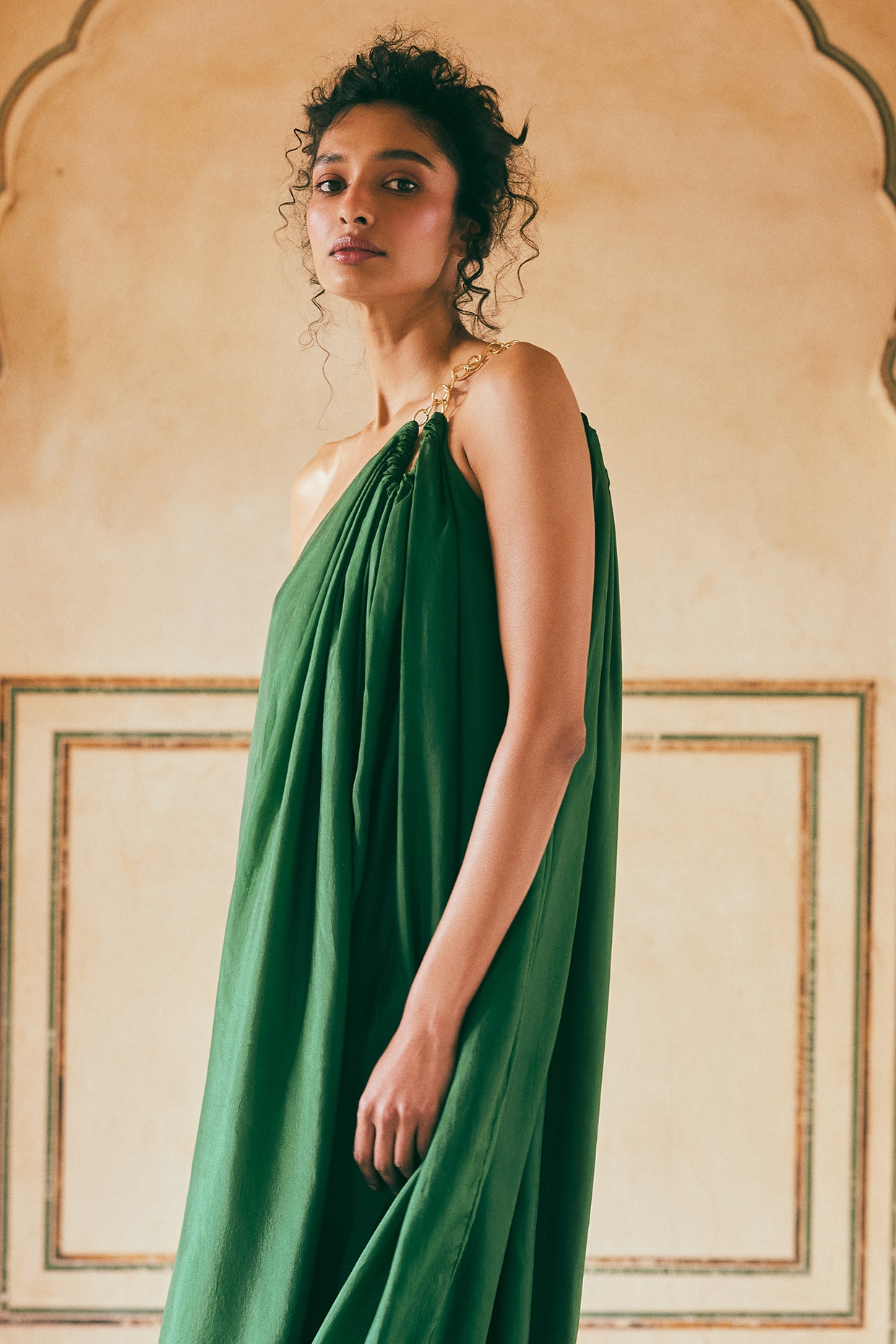 Emerald Green Habutai Silk One-Shoulder Maxi Dress by Paulmi
