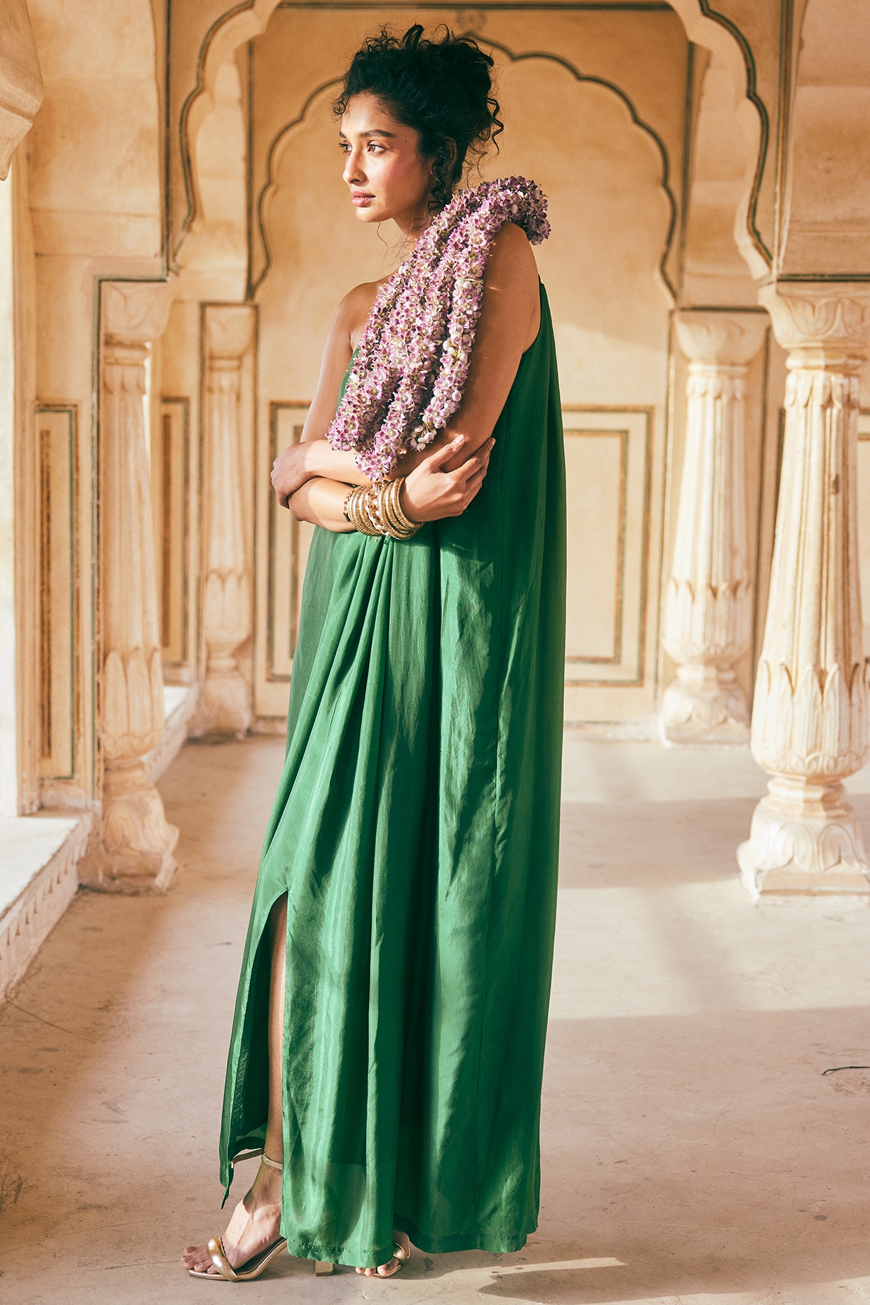 Emerald Green Habutai Silk One-Shoulder Maxi Dress by Paulmi