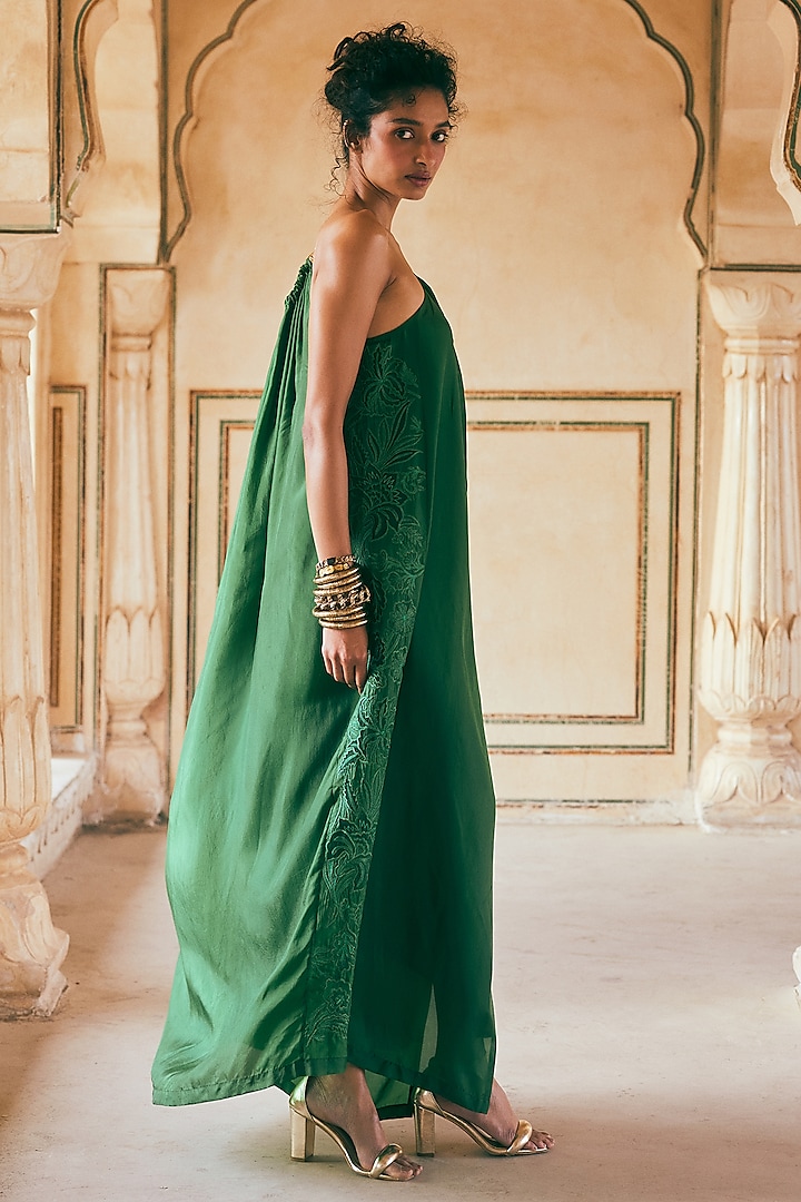 Emerald Green Habutai Silk One-Shoulder Maxi Vacation Dress by Paulmi & Harsh at Pernia's Pop Up Shop 2026 Emerald Green Habutai Silk One-Shoulder Maxi Vacation Dress by Paulmi & Harsh at Pernia's Pop Up Shop 2026