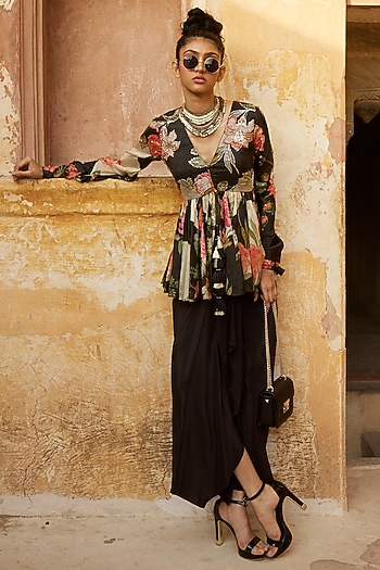 Black Crepe Pre-Draped Skirt Set by Paulmi & Harsh at Pernia's Pop Up Shop