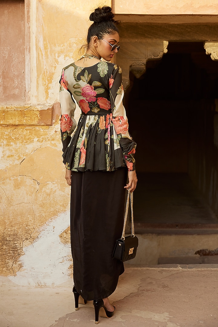Black Crepe Pre-Draped Skirt Set by Paulmi & Harsh at Pernia's Pop Up Shop