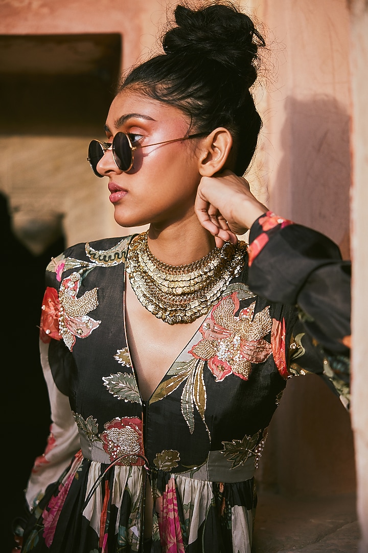 Black Crepe Pre-Draped Skirt Set by Paulmi & Harsh at Pernia's Pop Up Shop