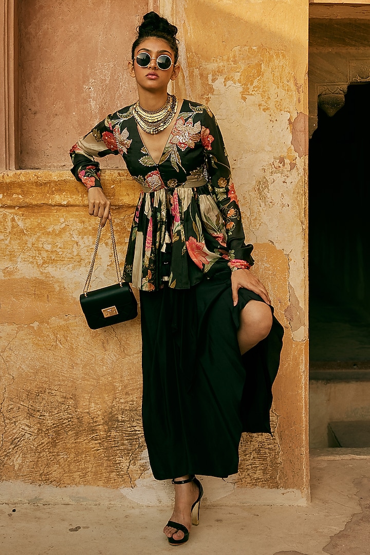 Black Crepe Pre-Draped Skirt Set by Paulmi & Harsh at Pernia's Pop Up Shop