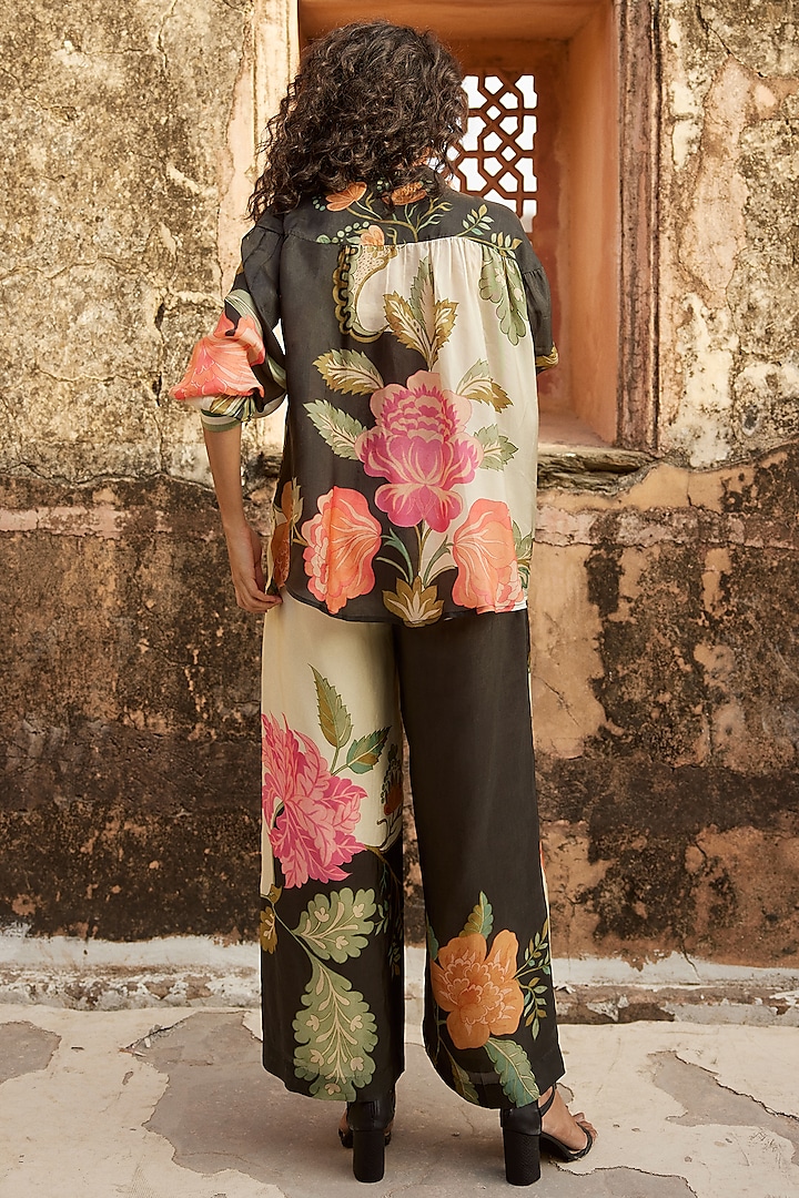 Black Pure Habutai Silk Floral Printed Co-Ord Set by Paulmi & Harsh at Pernia's Pop Up Shop