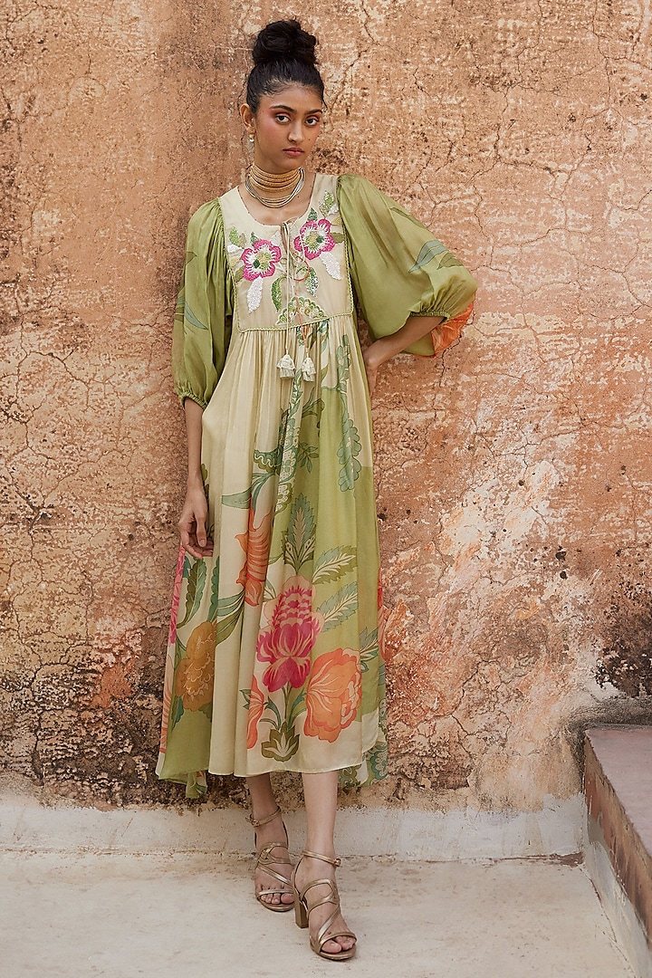Pastel Green & Ivory Habutai Floral Printed Midi Dress by Paulmi & Harsh