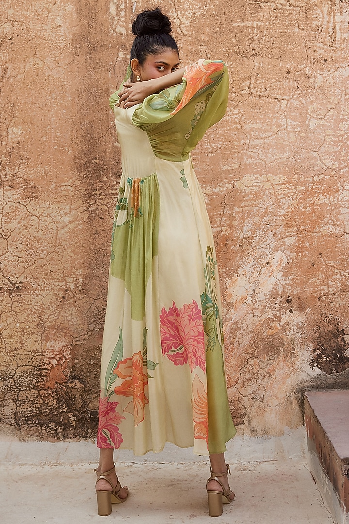 Pastel Green & Ivory Habutai Floral Printed Midi Vacation Dress by Paulmi & Harsh at Pernia's Pop Up Shop