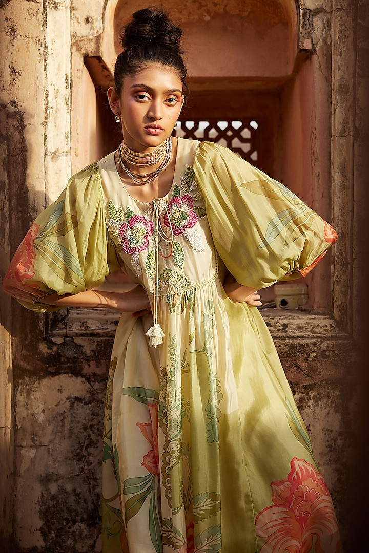 Pastel Green & Ivory Habutai Floral Printed Midi Vacation Dress by Paulmi & Harsh at Pernia's Pop Up Shop