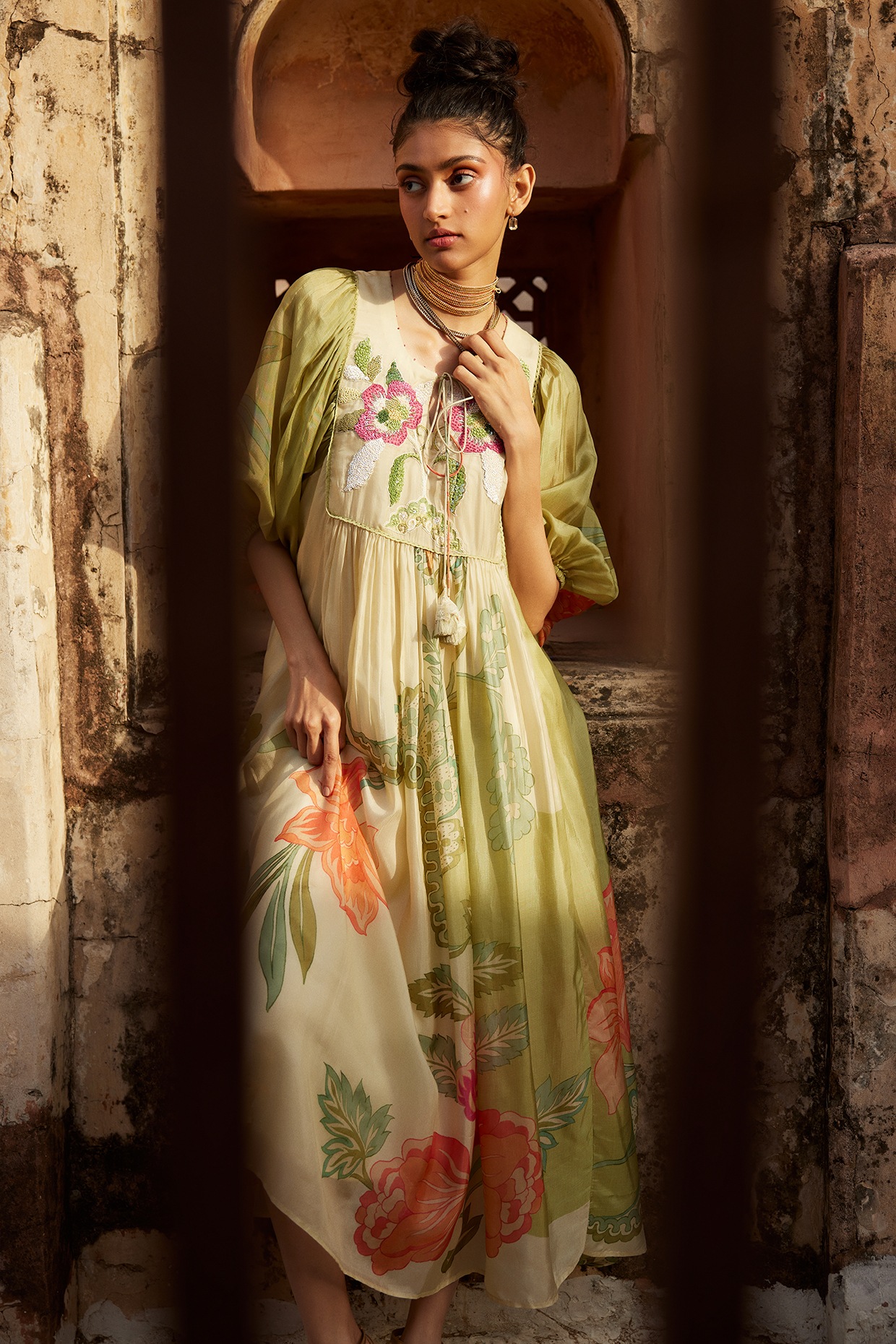 Pastel Green & Ivory Habutai Floral Printed Midi Dress by