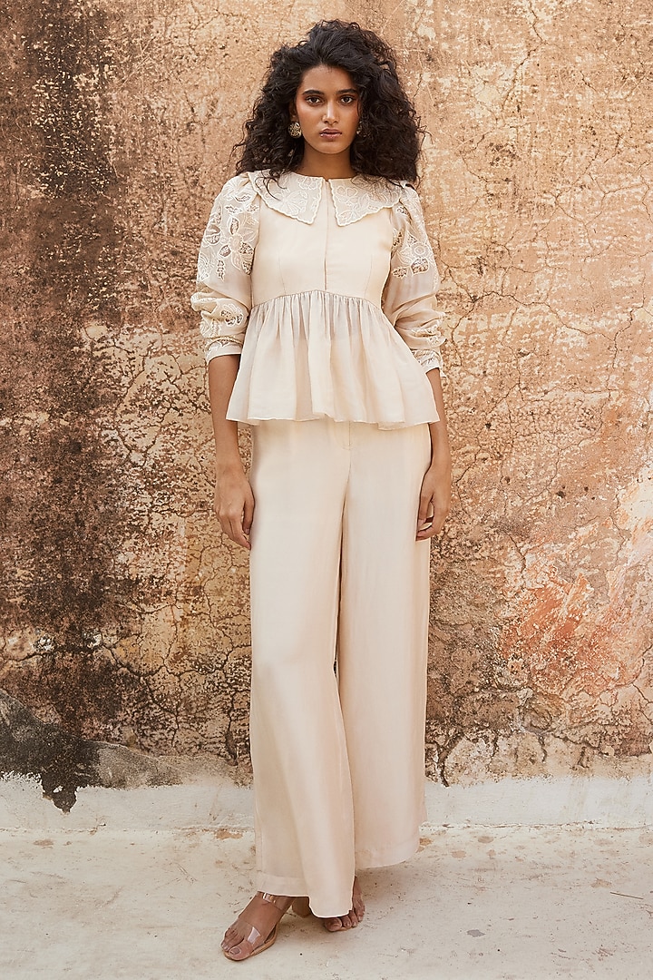 Powder Pink Silk Organza Floral Cutwork Co-Ord Set by Paulmi & Harsh at Pernia's Pop Up Shop