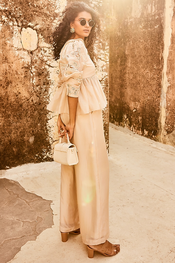 Powder Pink Silk Organza Floral Cutwork Co-Ord Set by Paulmi & Harsh at Pernia's Pop Up Shop