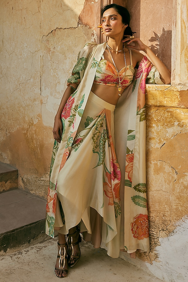 Ivory Habutai Floral Printed & Hand Embroidered Jacket Set by Paulmi & Harsh at Pernia's Pop Up Shop