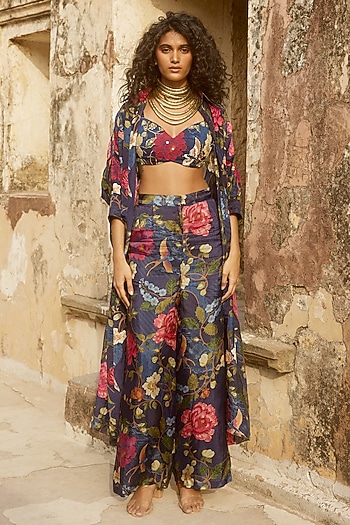 Midnight Blue Organza Floral Printed Jacket Set by Paulmi & Harsh at Pernia's Pop Up Shop