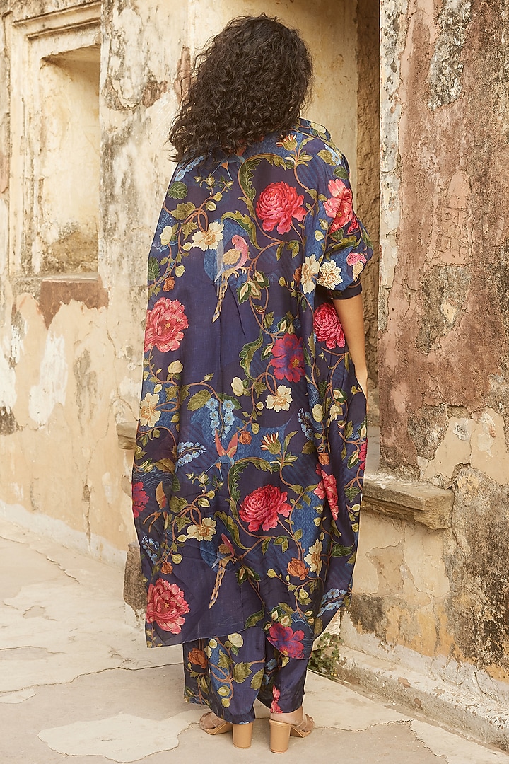 Midnight Blue Organza Floral Printed Jacket Set by Paulmi & Harsh at Pernia's Pop Up Shop