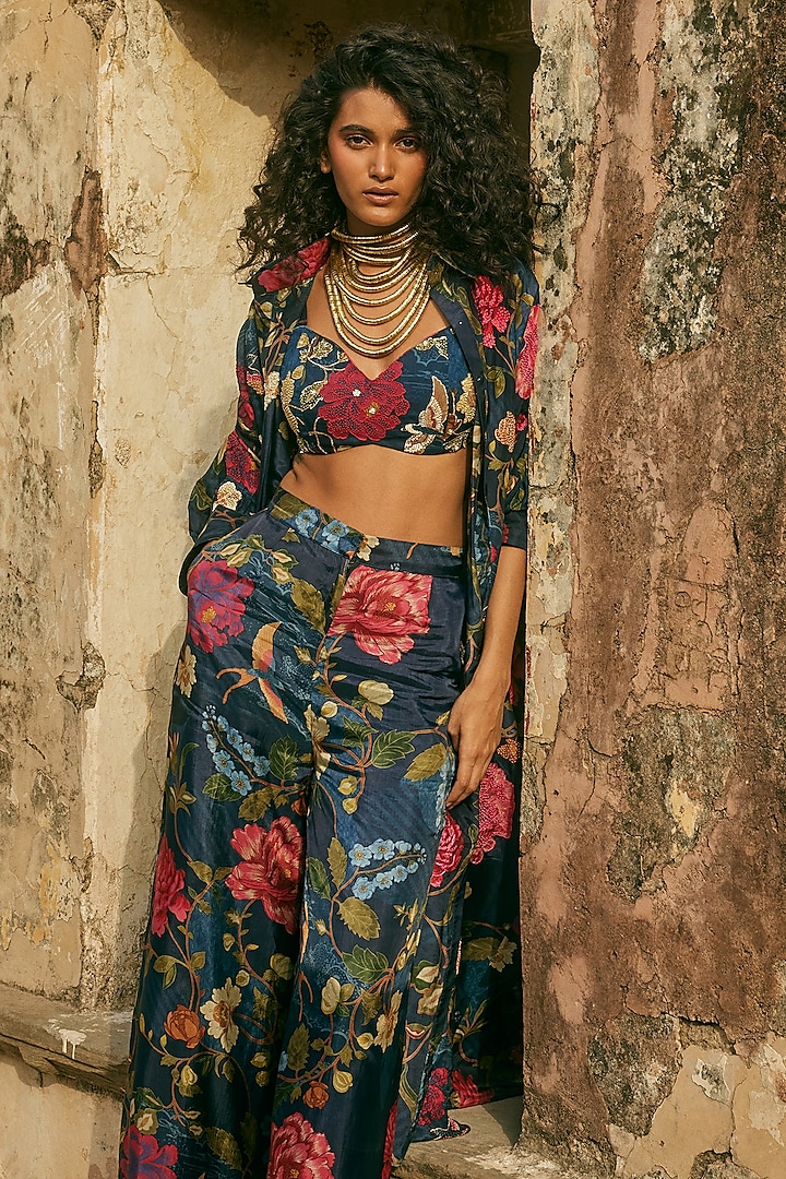 Midnight Blue Organza Floral Printed Jacket Set by Paulmi & Harsh at Pernia's Pop Up Shop