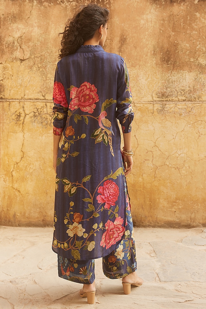 MIdnight Blue Habutai Floral Printed Kurta Set by Paulmi & Harsh at Pernia's Pop Up Shop